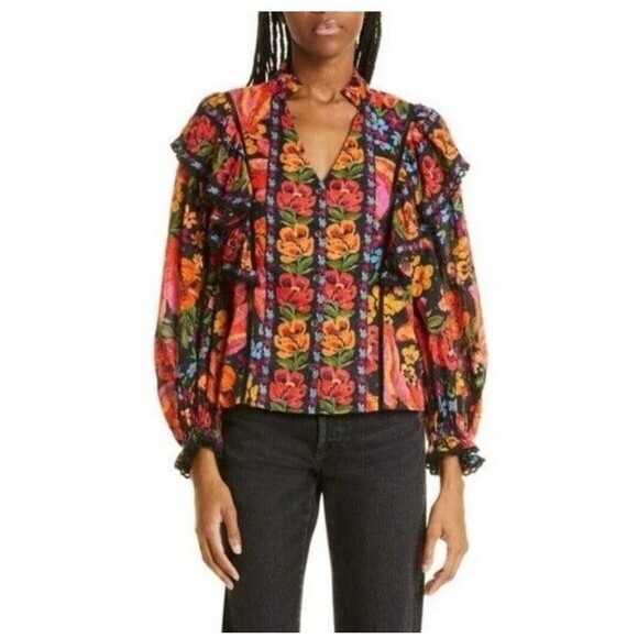 Farm Rio Women's Black Spring Banana Cotton Ruffle Blouse Sz S NWOT - Picture 1 of 11